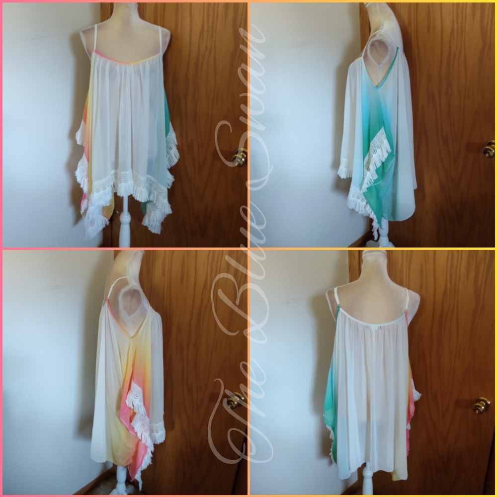 EUC My Story Paris Chiffon Floaty Poncho Caftan Rainbow Ombre Gradient Fringe OS